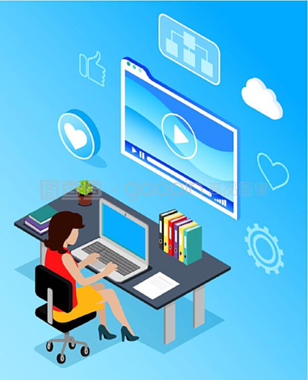 工作場所的商業網絡通信。辦公室使用手提電腦無線設備的女性。藍色的媒體顯示和互聯網圖標像和云。PC向量的數字營銷專家。計算機向量的數字營銷專家